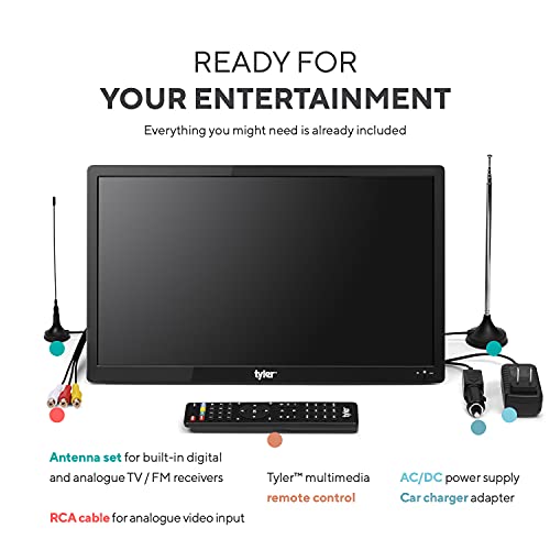 Tyler 16" Portable TV LCD Monitor Battery Powered Wireless Capability HD-TV, HDMI, USB, RCA, AC/DC, FM Radio, Car Charger, Remote Control, Built in Stand Small Mini for Car Kids & Traveling